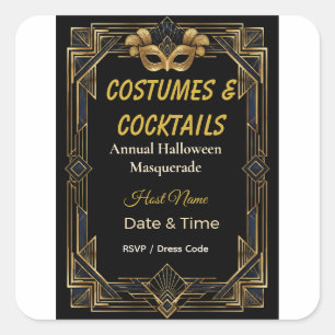 Sticker Carré Costumes et Cocktails Masquerade Art Déco Élégants
