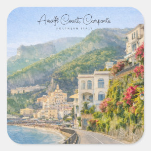 Sticker Carré Côte d'Amalfi Aquarelle Souvenir de Voyage Romanti