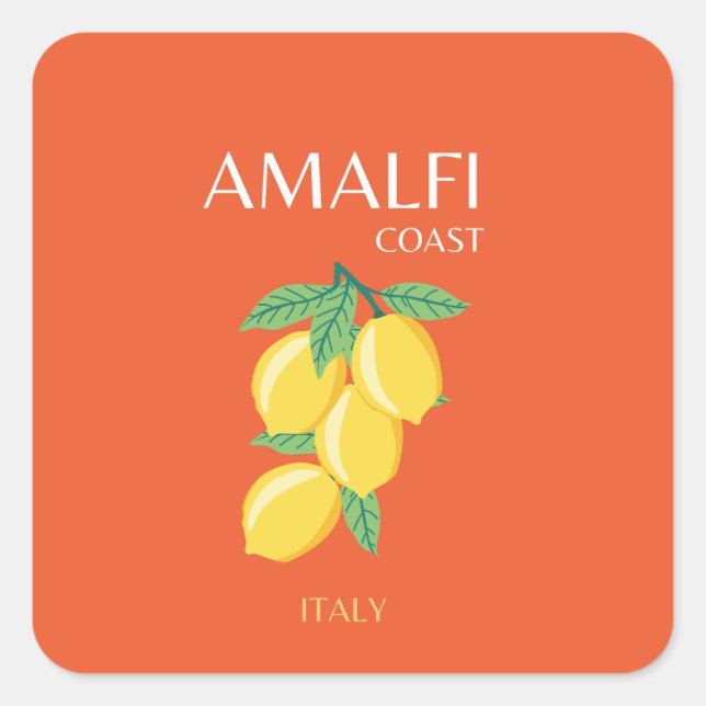 Sticker Carré Côte d'Amalfi, Italie, Art Voyage, Rétro, Orange (Devant)