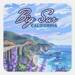 Sticker Carré Côte de Big Sur Californie Retro Côte Ouest