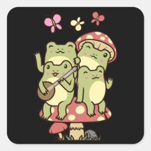Sticker Carré Cottagcore Aesthetic Frog with banjo Mushroom
