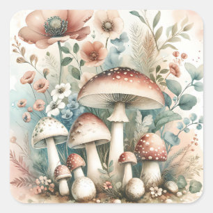 Sticker Carré Cottage   Champignons et fleurs vintages