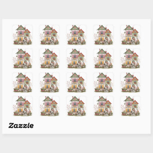 Sticker Carré Cottage Coquet et Chiot