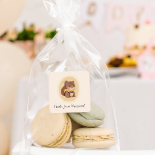 Sticker Carré Cottage Core Baby shower d'écureuil en bois