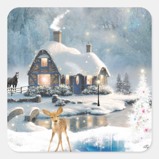 Sticker Carré Cottage de Noël d'hiver (Devant)
