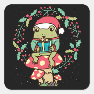Sticker Carré Cottagecore Grenouille esthétique Champignons Noël