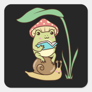 Sticker Carré Cottagecore Livre de lecture de grenouille esthéti
