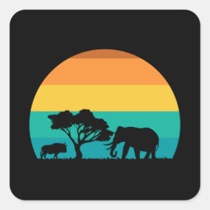 Sticker Carré Coucher De Soleil Africain Avec Elephant Et Gnu Re