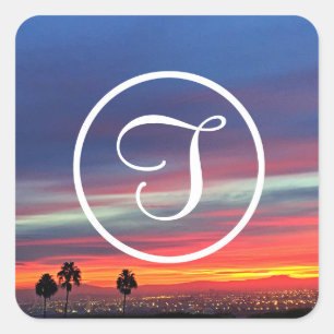 Sticker Carré Coucher de soleil bleu orange photo monogramme per