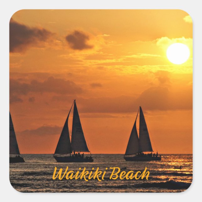 Sticker Carré Coucher de soleil hawaïen, Plage de Waikiki, (Devant)