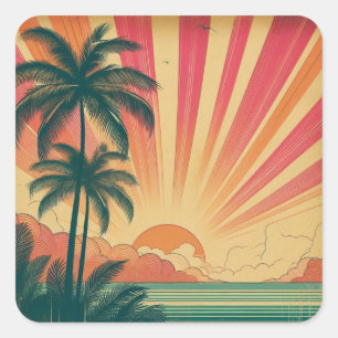 Sticker Carré Coucher de soleil rétro/tropical vintage/hawaïen