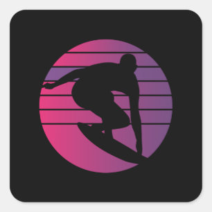 Sticker Carré Coucher de soleil surfeur Rétro