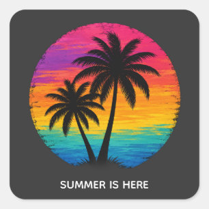 Sticker Carré Coucher de soleil tropical Palmiers Design Rétro