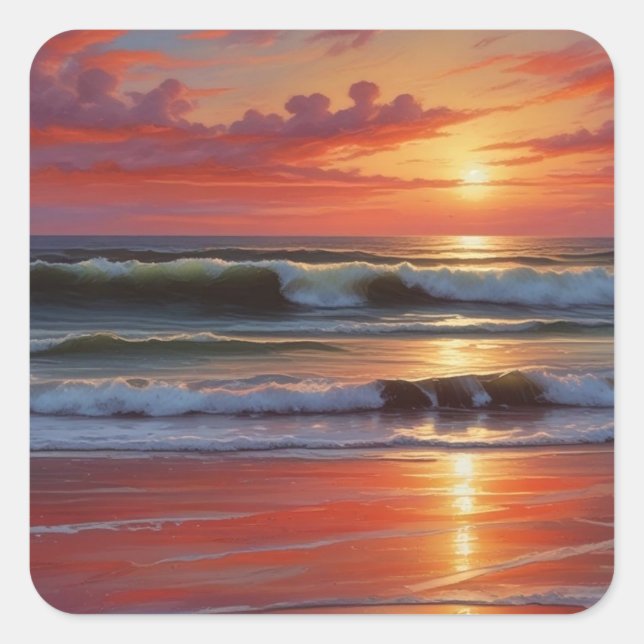 Sticker Carré Coucher Rouge Océan Peinture de paysage marin (Devant)