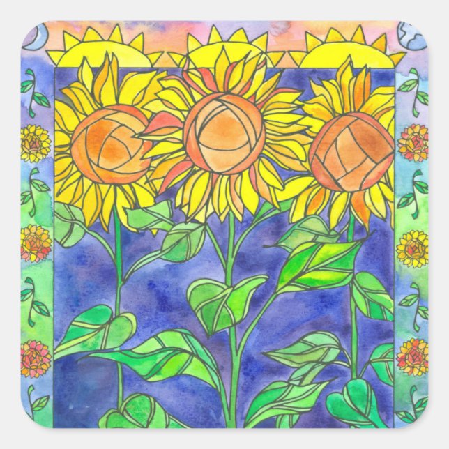 Sticker Carré Couleur de soleil Tournesol Aquarelle peinture de  (Devant)