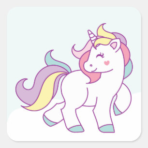 Sticker Carré Couleur en pastel de licorne magique mignonne
