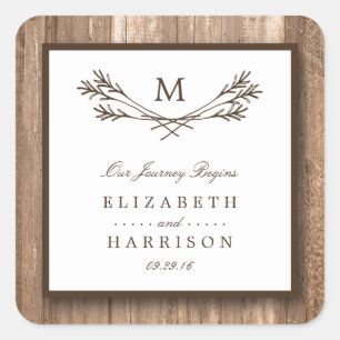 Sticker Carré Country Rustic Monogram Branche & Mariage bois