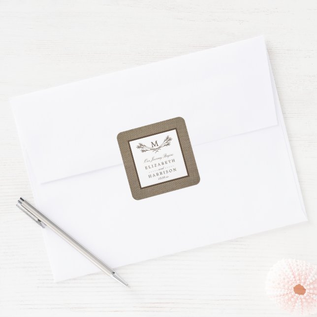 Sticker Carré Country Rustic Monogramme Branche & Mariage Burlap (Enveloppe)