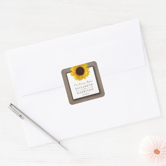 Sticker Carré Country Rustic Tournesol & Mariage Burlap (Enveloppe)