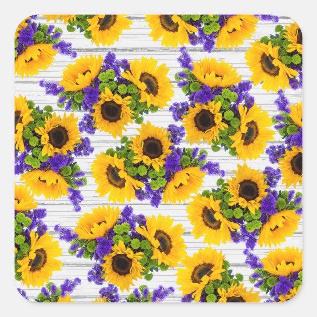Sticker Carré Country Rustic White Wood Purple Yellow Sunflower (Devant)