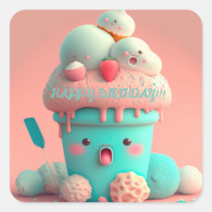 Sticker Carré Coupe de crème glacée Kawaii