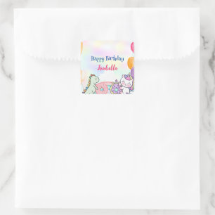 Sticker Carré Coupe Donuts Dino Unicorn Anniversaire Rainbow Par