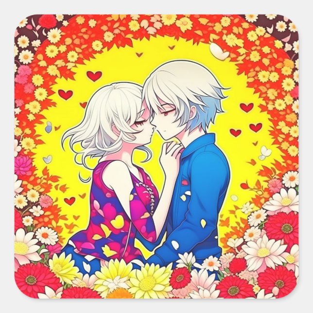 Sticker Carré Couple Anime mignon, Coeurs et Fleurs (Devant)