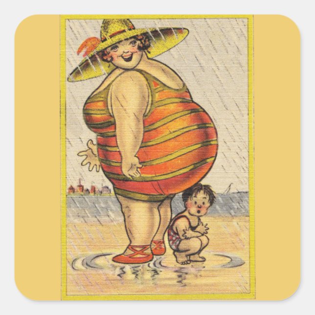 Sticker Carré Couple Antique Drôle sur la Plage Originalité (Devant)