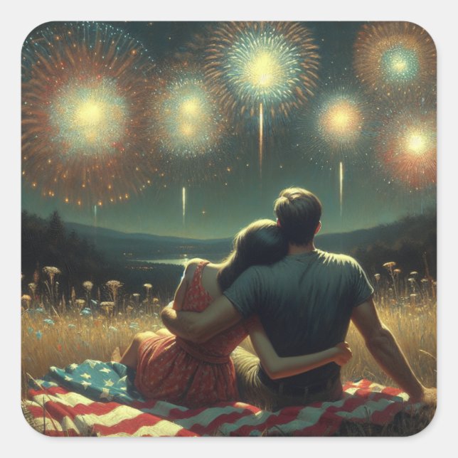 Sticker Carré Couple Cuddling sous le feu d'artifice du 4 juille (Devant)