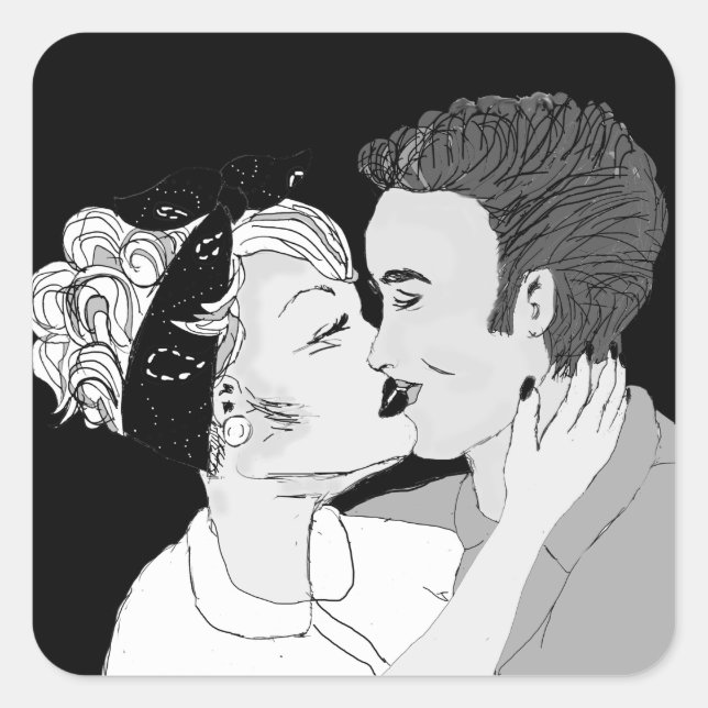Sticker Carré Couple de baiser rétro noir et blanc (Devant)