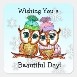 Sticker Carré Couple de Cute Owl assis à la Branche