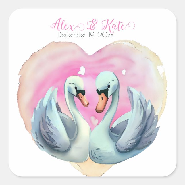 Sticker Carré Couple de cygne mignonne | Mariage romantique (Devant)