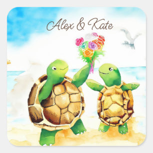 Sticker Carré Couple de tortue mignonne   Mariage romantique