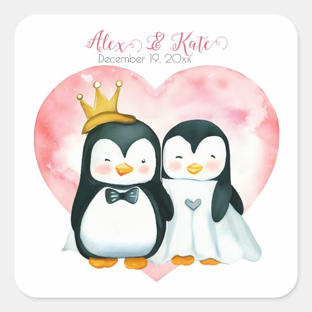 Sticker Carré Couple mignon de pingouin | Mariage romantique (Devant)