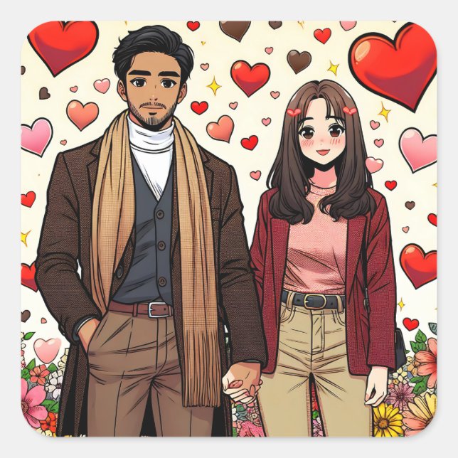 Sticker Carré Couple mignonne mixte le jour de la Saint-Valentin (Devant)