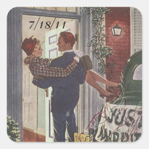 Sticker carré Couple Rétro Juste Marié Date Stic