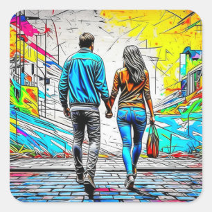 Sticker Carré Couple tenant les mains Urban Graffiti Art