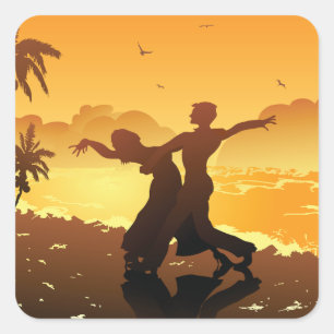 Sticker Carré Couple Tropical Dansant sur la Plage au Coucher du