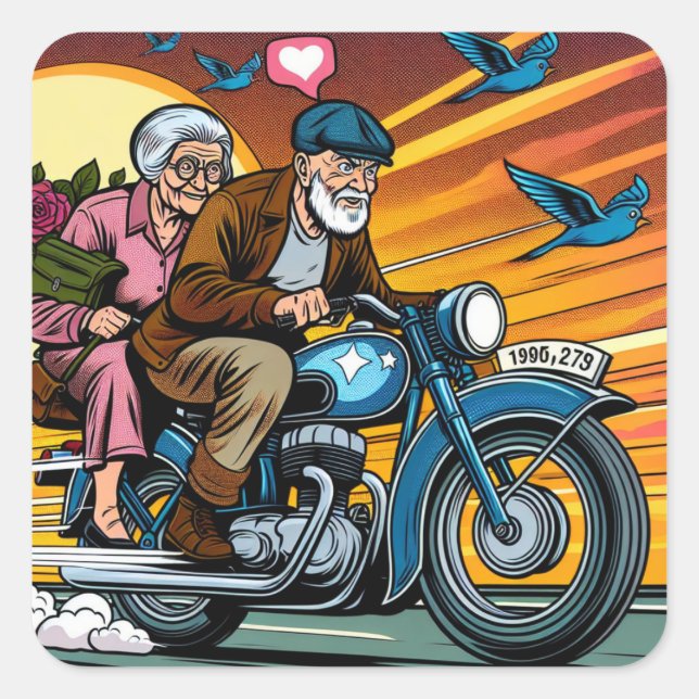 Sticker Carré Couple vieux mignon sur la moto vie vie (Devant)