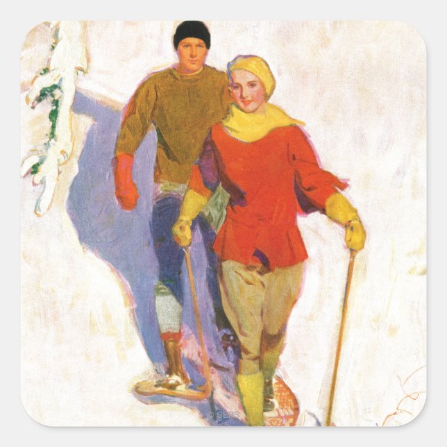Sticker Carré Couple Wearing Snowshoes par McClelland Barclay (Devant)