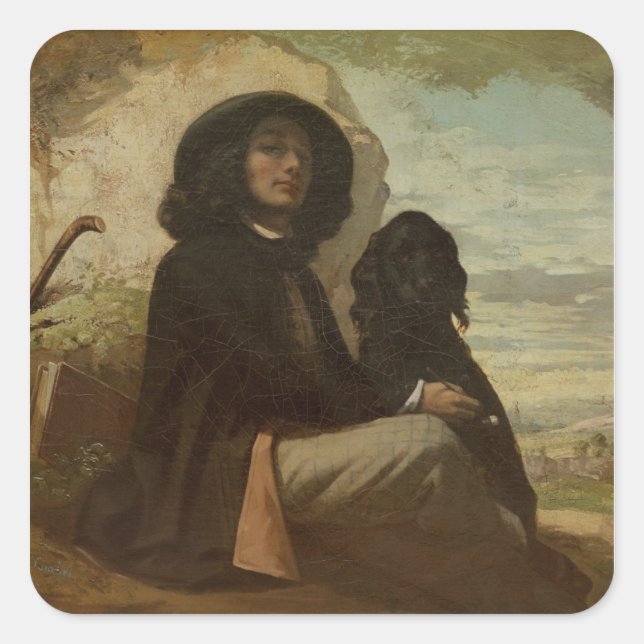 Sticker Carré Courbet avec son chien noir, 1842 (Devant)