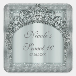 Sticker Carré Couronne de Diadème en Argent et Party Favor Bling