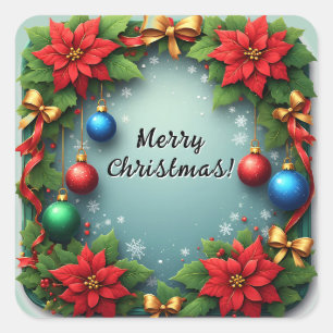 Sticker Carré Couronne de Noël avec Poinsettias