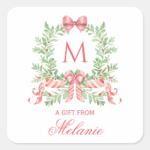 Sticker Carré Couronne de Noël avec ruban Monogramme