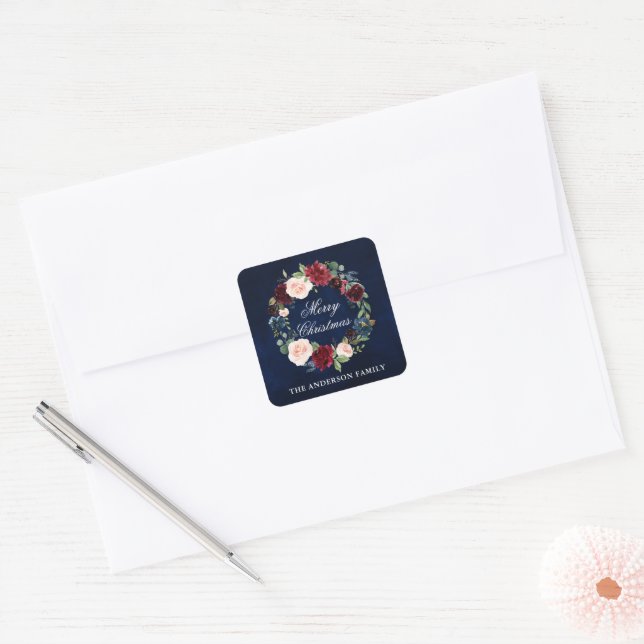 Sticker Carré Couronne florale aquarelle Joyeux Noël Petit (Enveloppe)