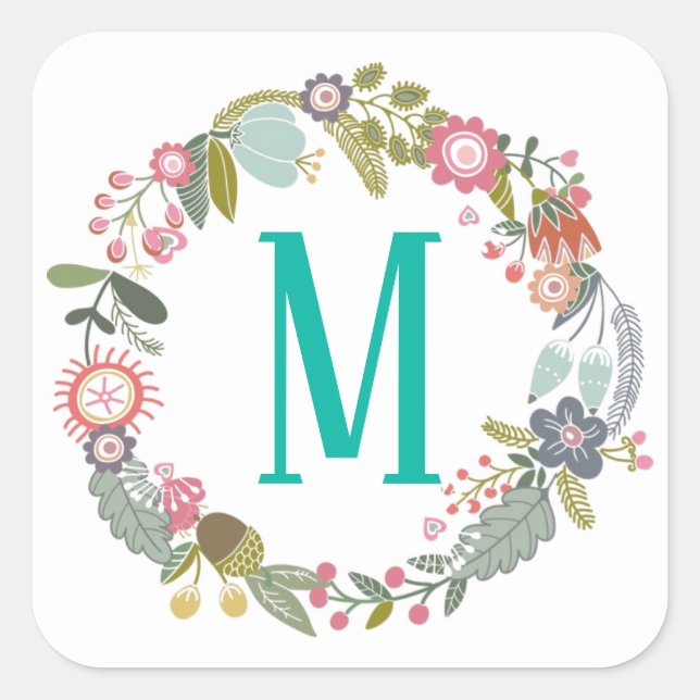 Sticker Carré Couronne florale Monogramme personnalisée (Devant)