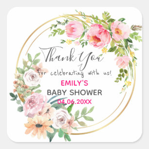 Sticker Carré Couronne florale rose jolie remerciement Baby Show
