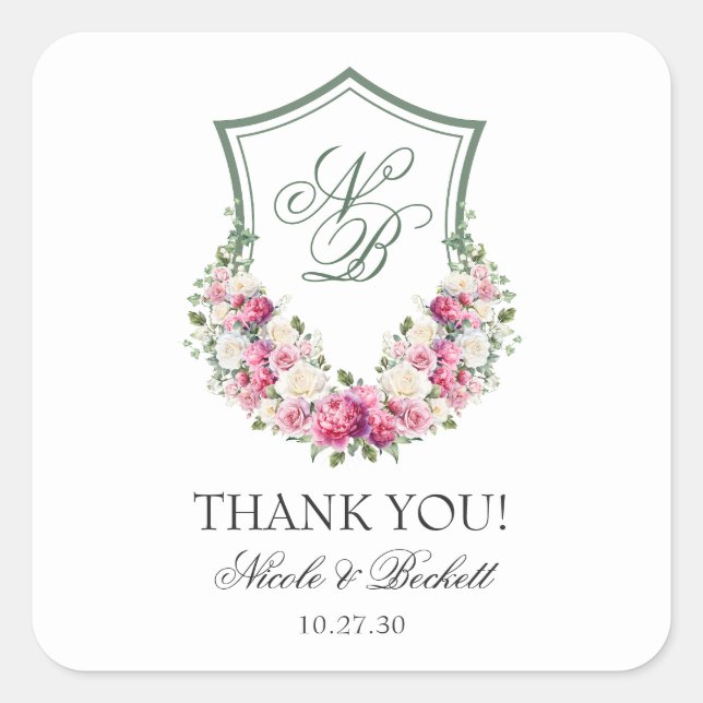 Sticker Carré Couronne florale rose remerciement de mariage (Devant)