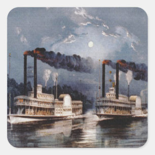 Sticker Carré Course en bateau à vapeur vintage sur le Mississip