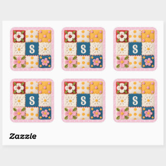 Sticker Carré Courtepièce de fleurs brodées en patchwork Monogra